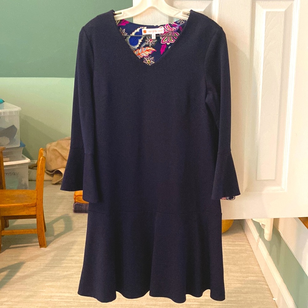 Jude Connolly Navy Blue Dress. Bell sleeves & Flounce Hem. Size S.